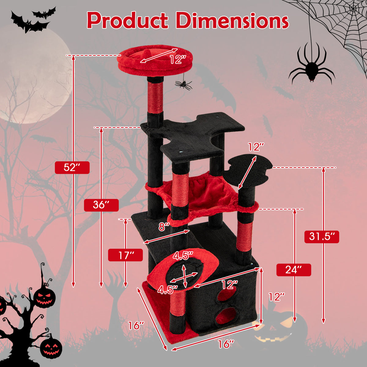 Gothic Cat Tree with Plush Perch and Spider Toy - Black & Red, Anti-Tip, Sisal Posts