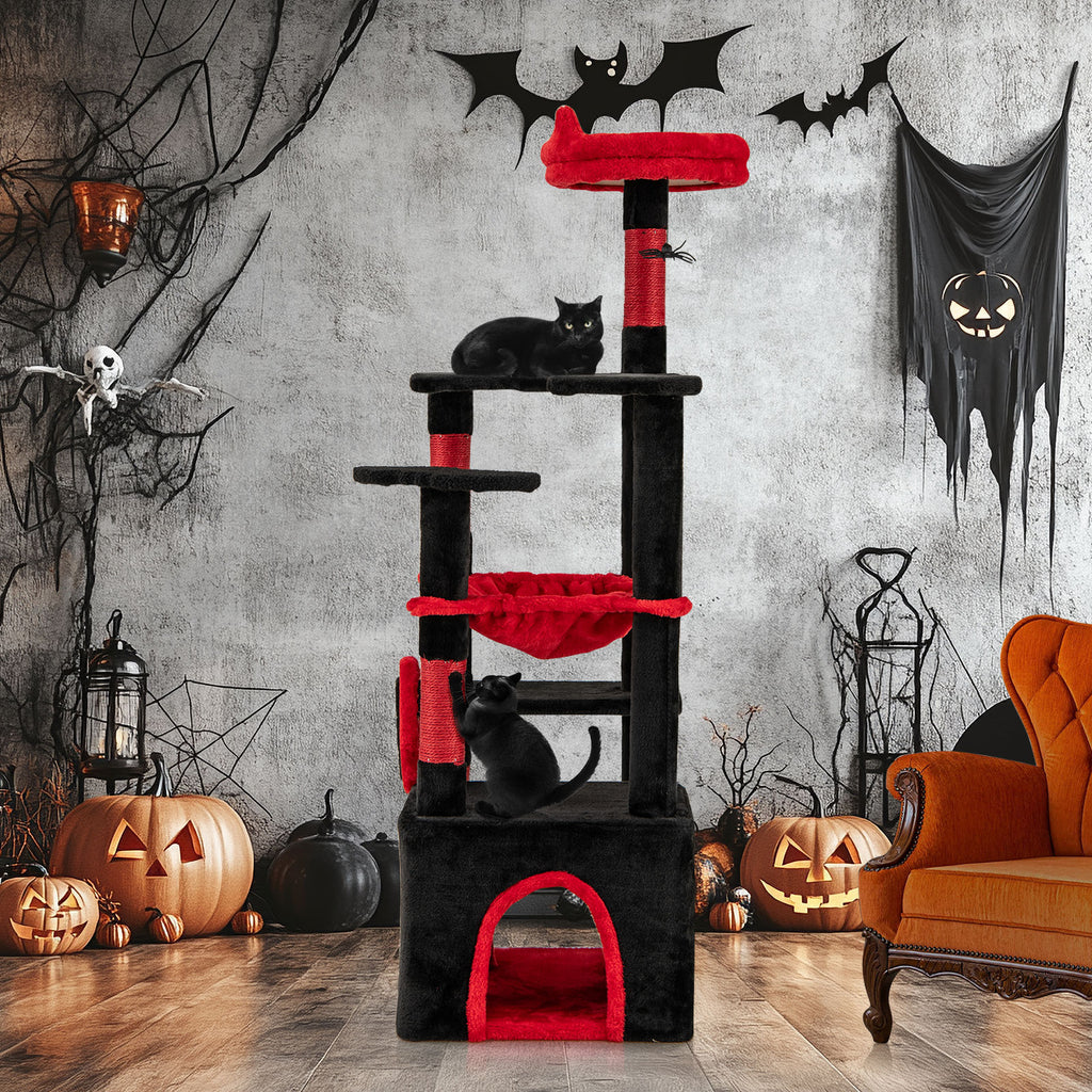 Gothic Cat Tree with Plush Perch and Spider Toy - Black & Red, Anti-Tip, Sisal Posts