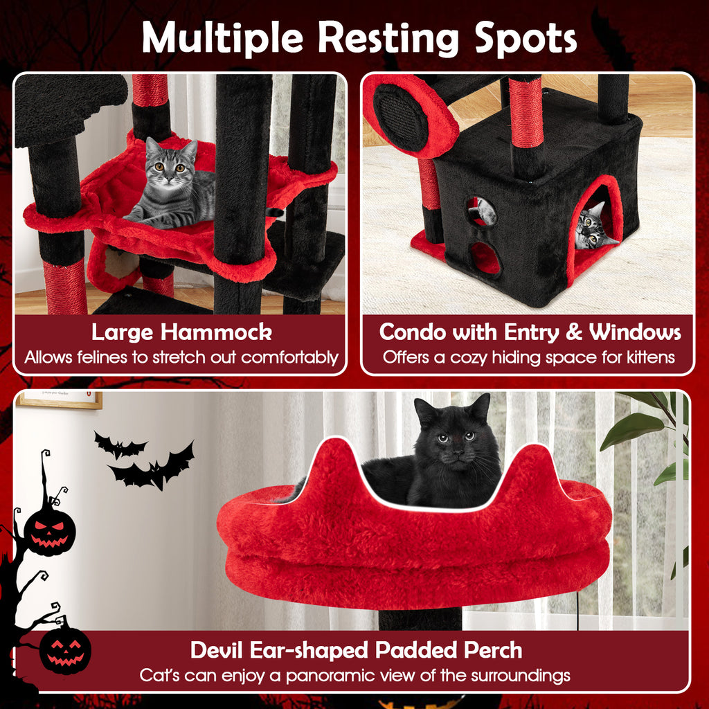 Gothic Cat Tree with Plush Perch and Spider Toy - Black & Red, Anti-Tip, Sisal Posts
