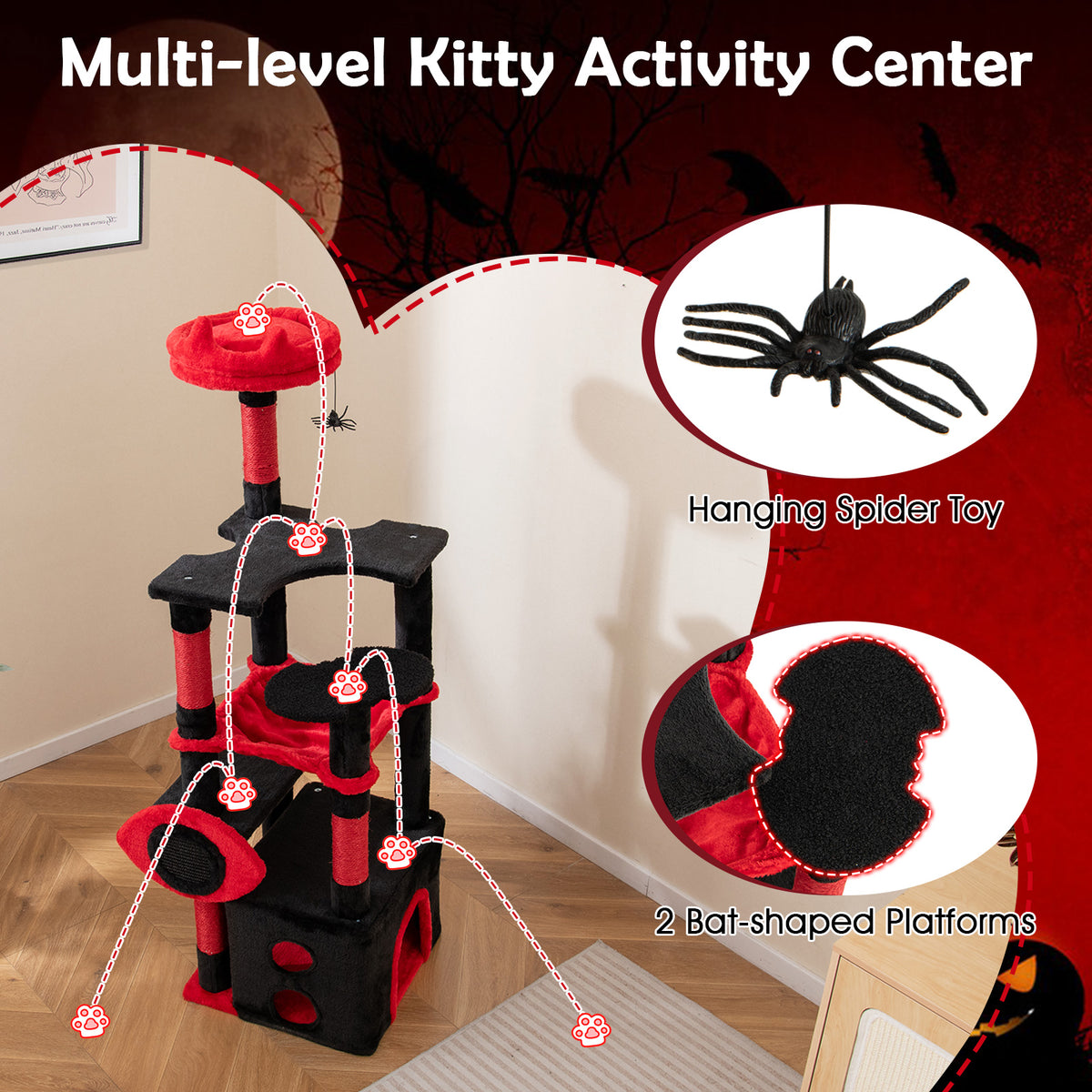 Gothic Cat Tree with Plush Perch and Spider Toy - Black & Red, Anti-Tip, Sisal Posts
