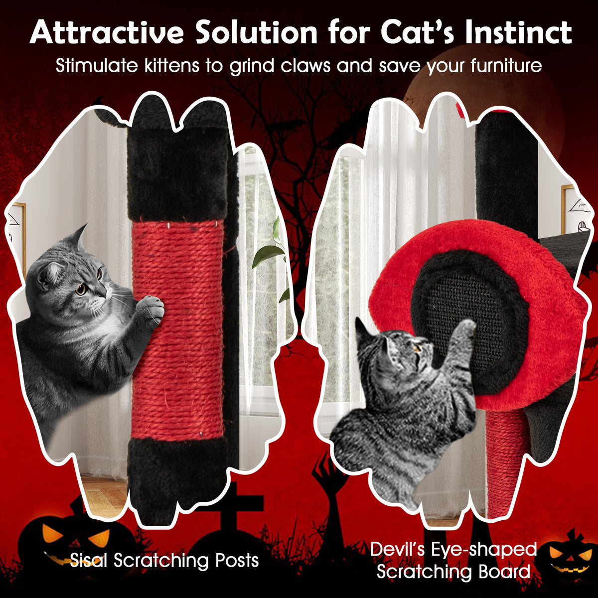 Gothic Cat Tree with Plush Perch and Spider Toy - Black & Red, Anti-Tip, Sisal Posts