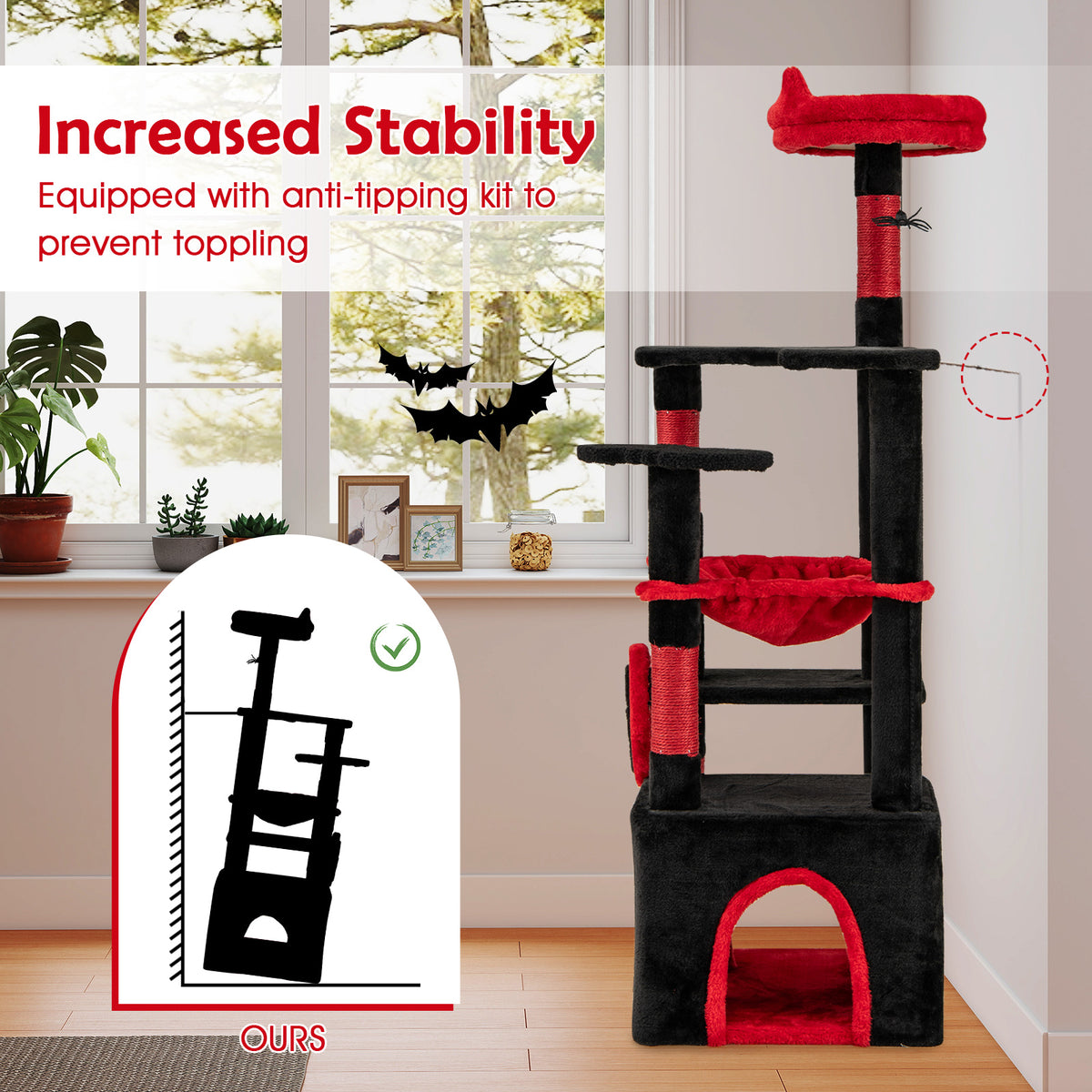 Gothic Cat Tree with Plush Perch and Spider Toy - Black & Red, Anti-Tip, Sisal Posts