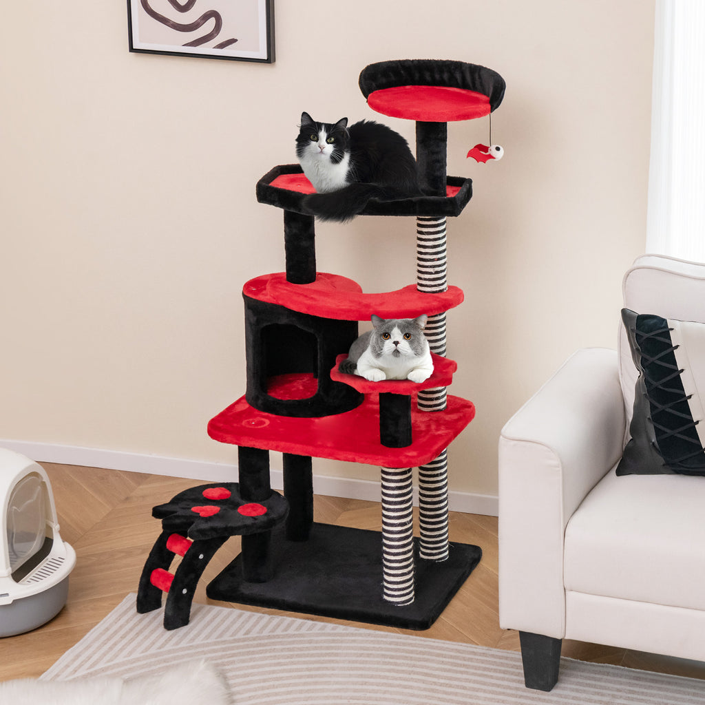 Gothic Cat Tree with Bed and Sisal Scratching Post - Black & Red Variation
