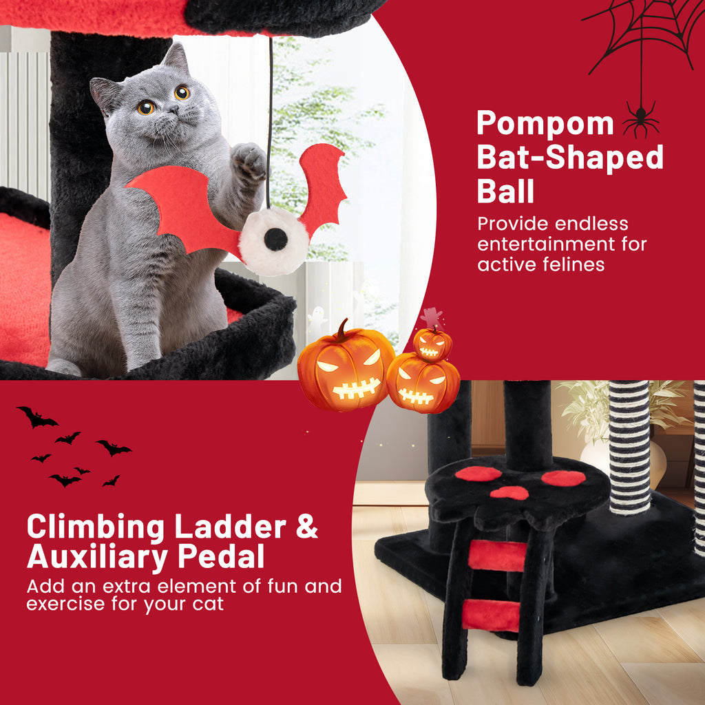Gothic Cat Tree with Bed and Sisal Scratching Post - Black & Red Variation