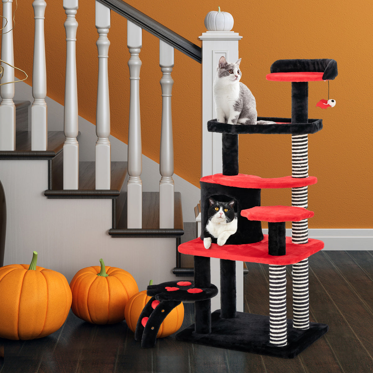 Gothic Cat Tree with Bed and Sisal Scratching Post - Black & Red Variation