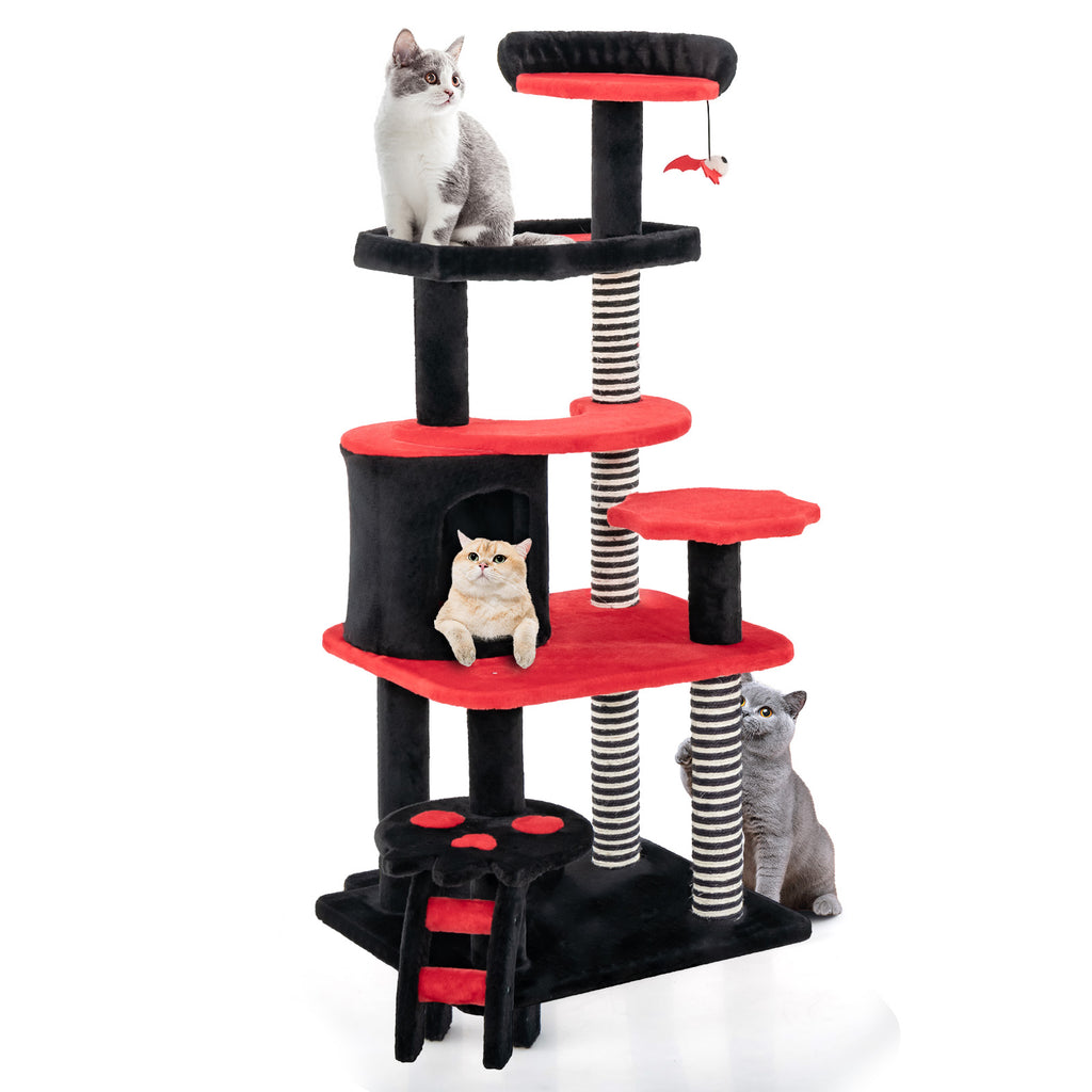 Gothic Cat Tree with Bed and Sisal Scratching Post - Black & Red Variation