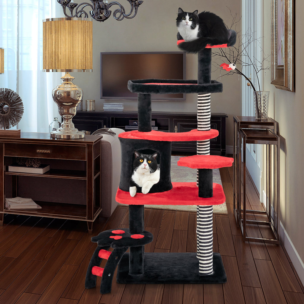 Gothic Cat Tree with Bed and Sisal Scratching Post - Black & Red Variation