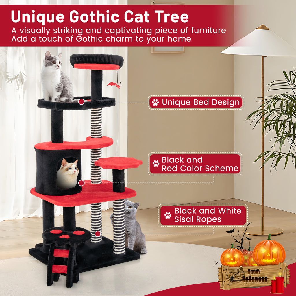 Gothic Cat Tree with Bed and Sisal Scratching Post - Black & Red Variation