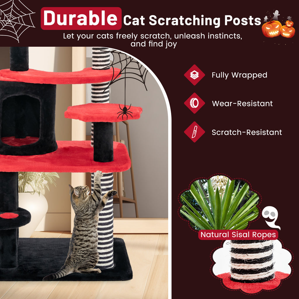 Gothic Cat Tree with Bed and Sisal Scratching Post - Black & Red Variation
