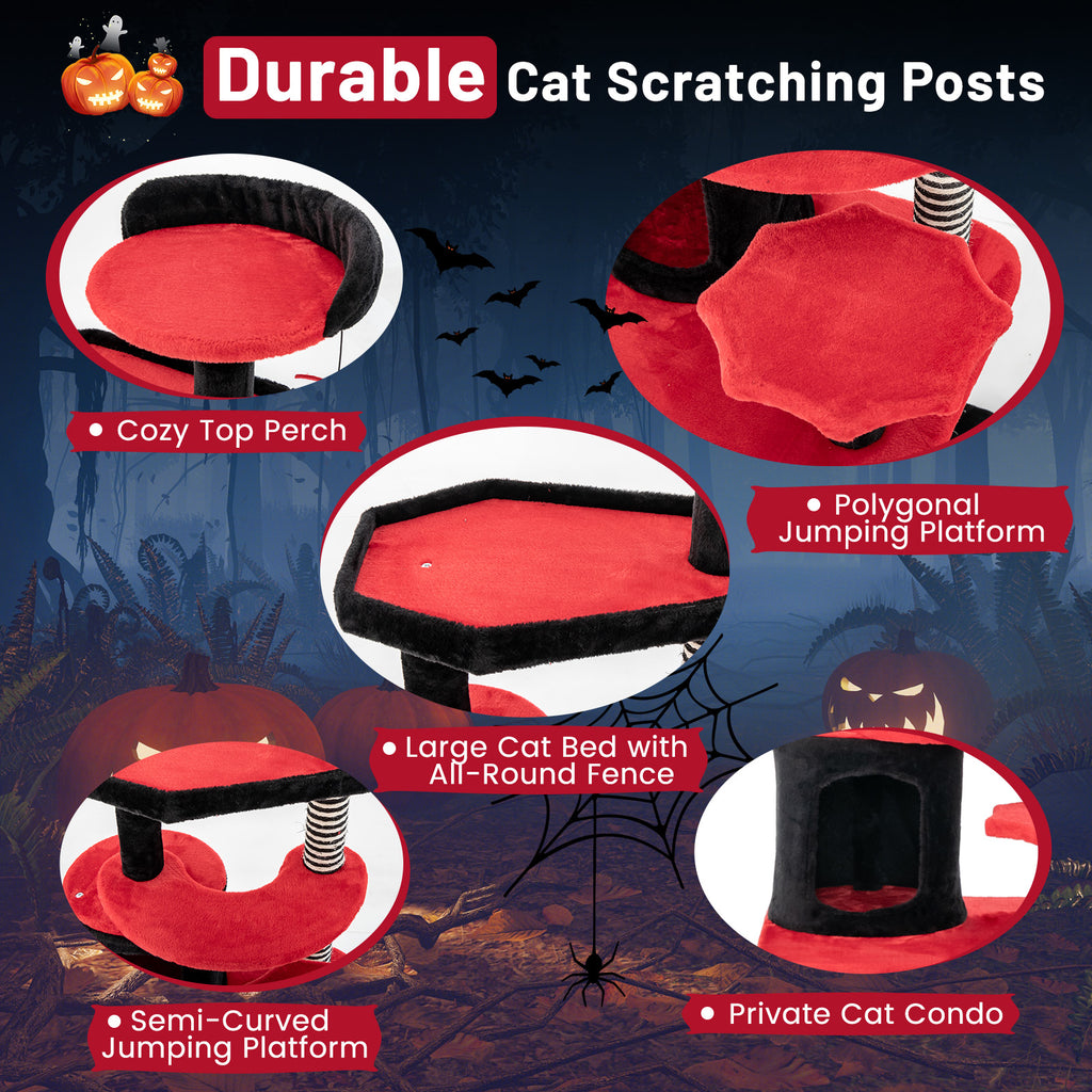 Gothic Cat Tree with Bed and Sisal Scratching Post - Black & Red Variation