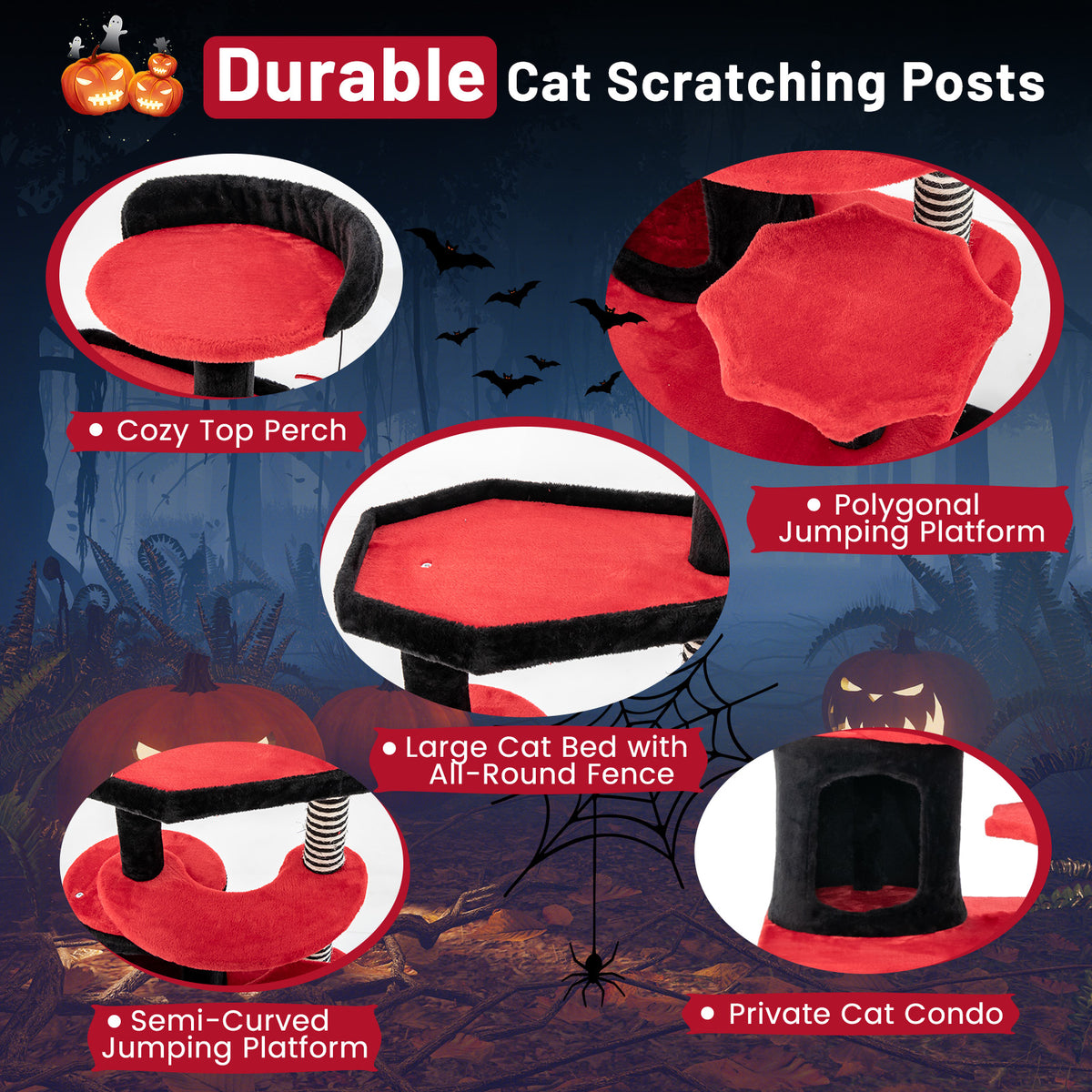 Gothic Cat Tree with Bed and Sisal Scratching Post - Black & Red Variation