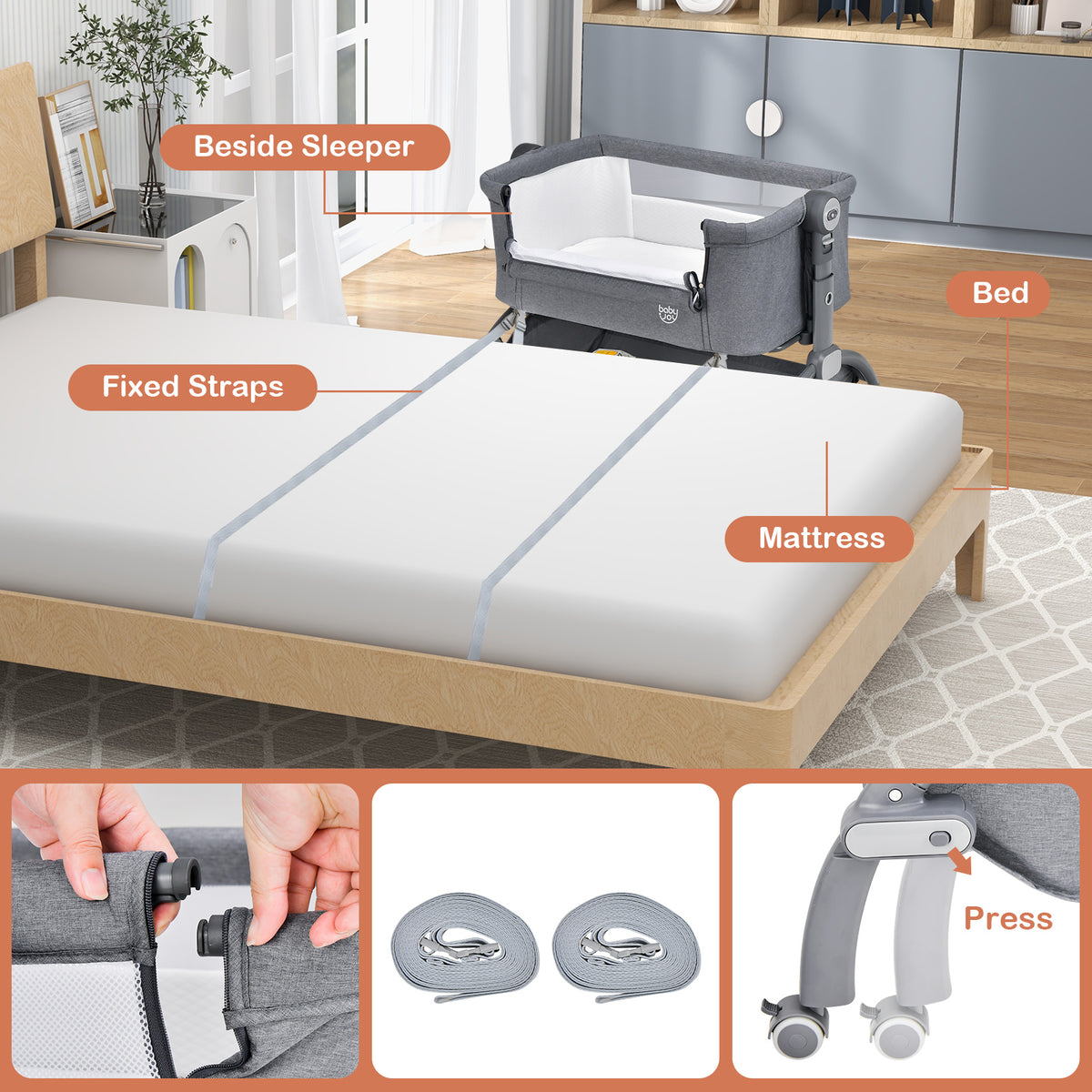 3-in-1 Baby Bassinet with Adjustable Heights & Double-Lock - Style C Gray