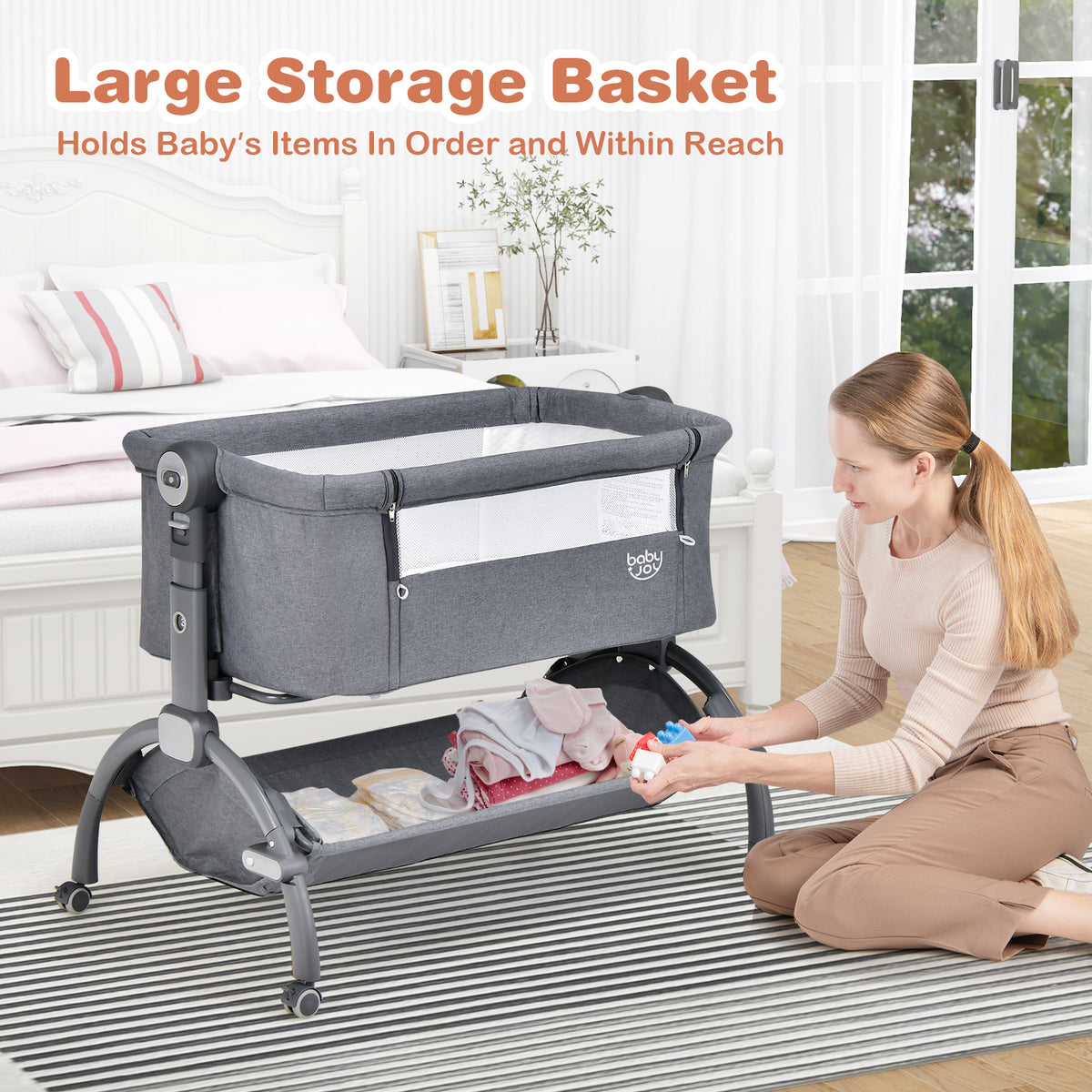3-in-1 Baby Bassinet with Adjustable Heights & Double-Lock - Style C Gray