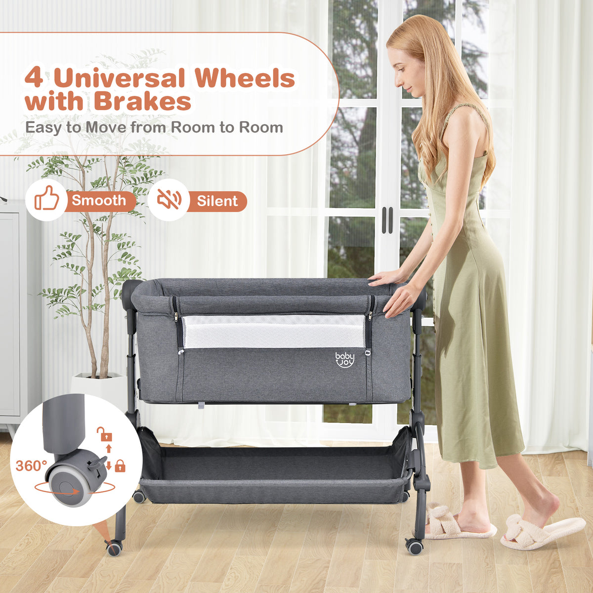 3-in-1 Baby Bassinet with Adjustable Heights & Double-Lock - Style C Gray