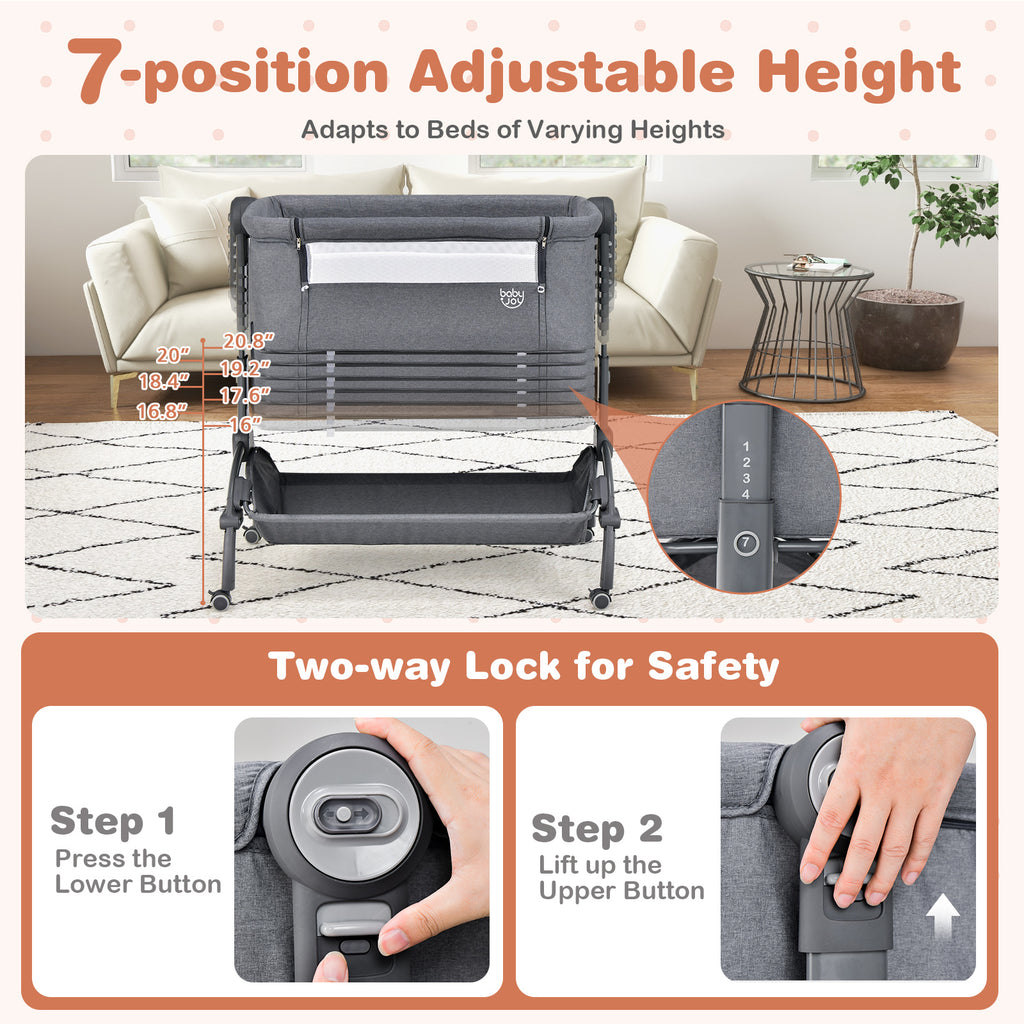 3-in-1 Baby Bassinet with Adjustable Heights & Double-Lock - Style C Gray