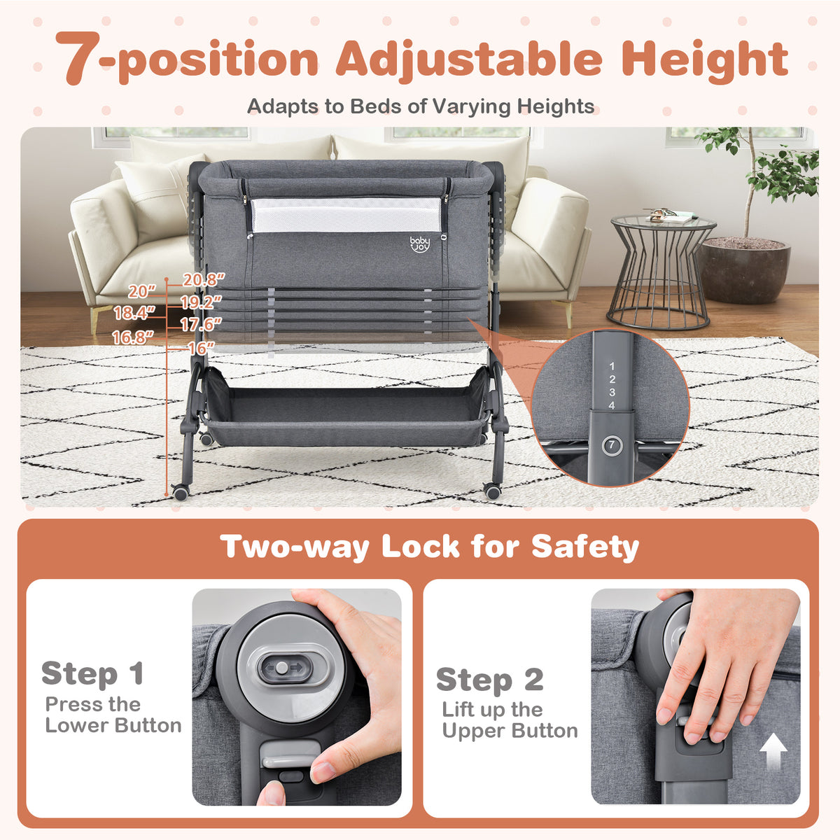 3-in-1 Baby Bassinet with Adjustable Heights & Double-Lock - Style C Gray
