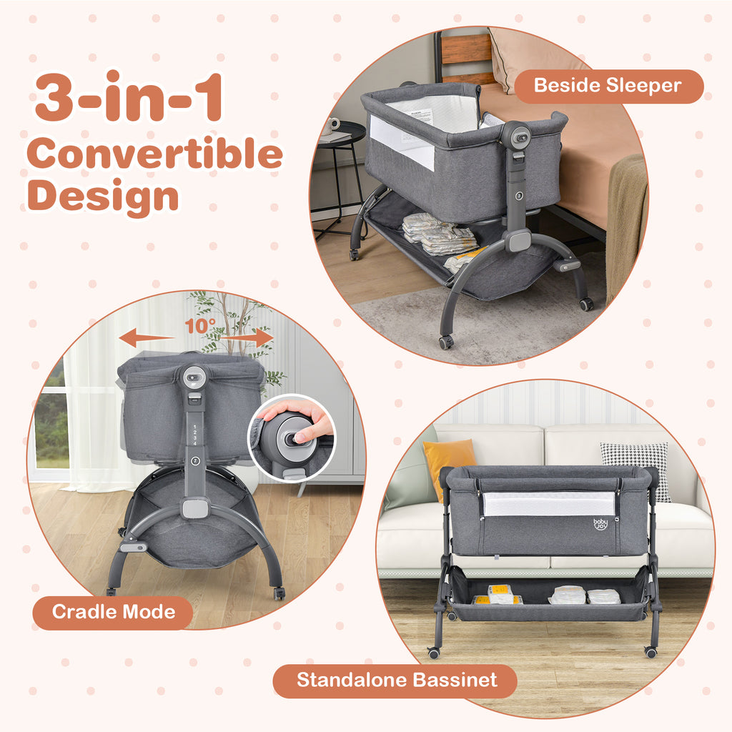 3-in-1 Baby Bassinet with Adjustable Heights & Double-Lock - Style C Gray