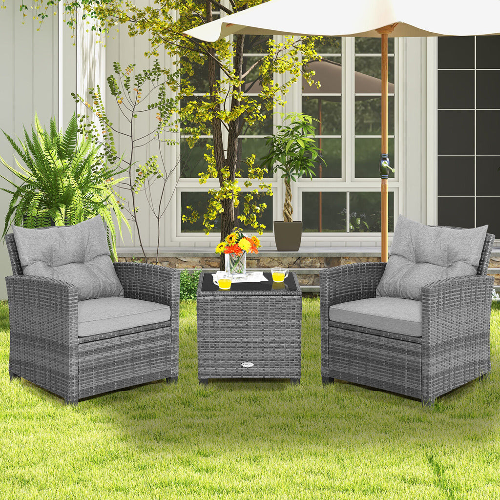 3-Piece Outdoor Wicker Conversation Set with Glass Table – Gray Rattan, Turquoise