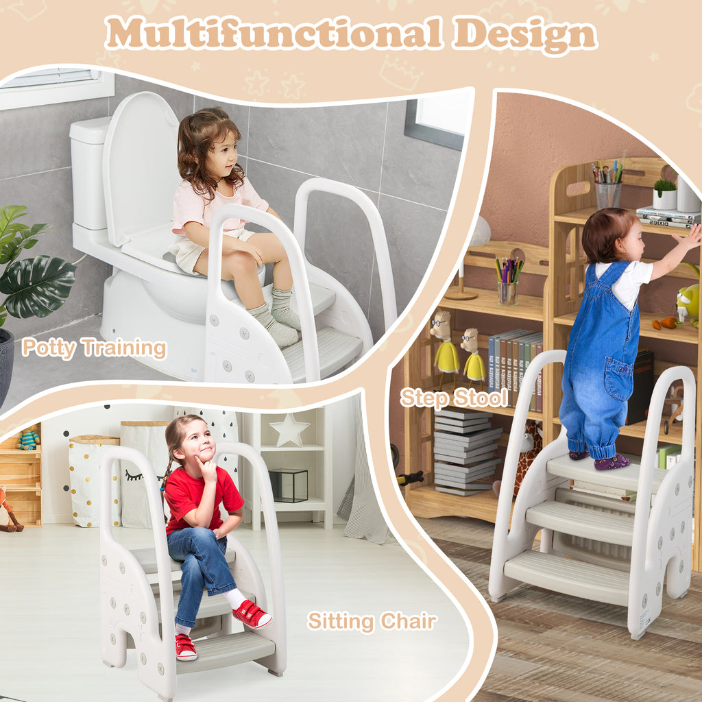 Gray 3-Step Stool with Safety Handles and Non-Slip Pedals for Toddlers
