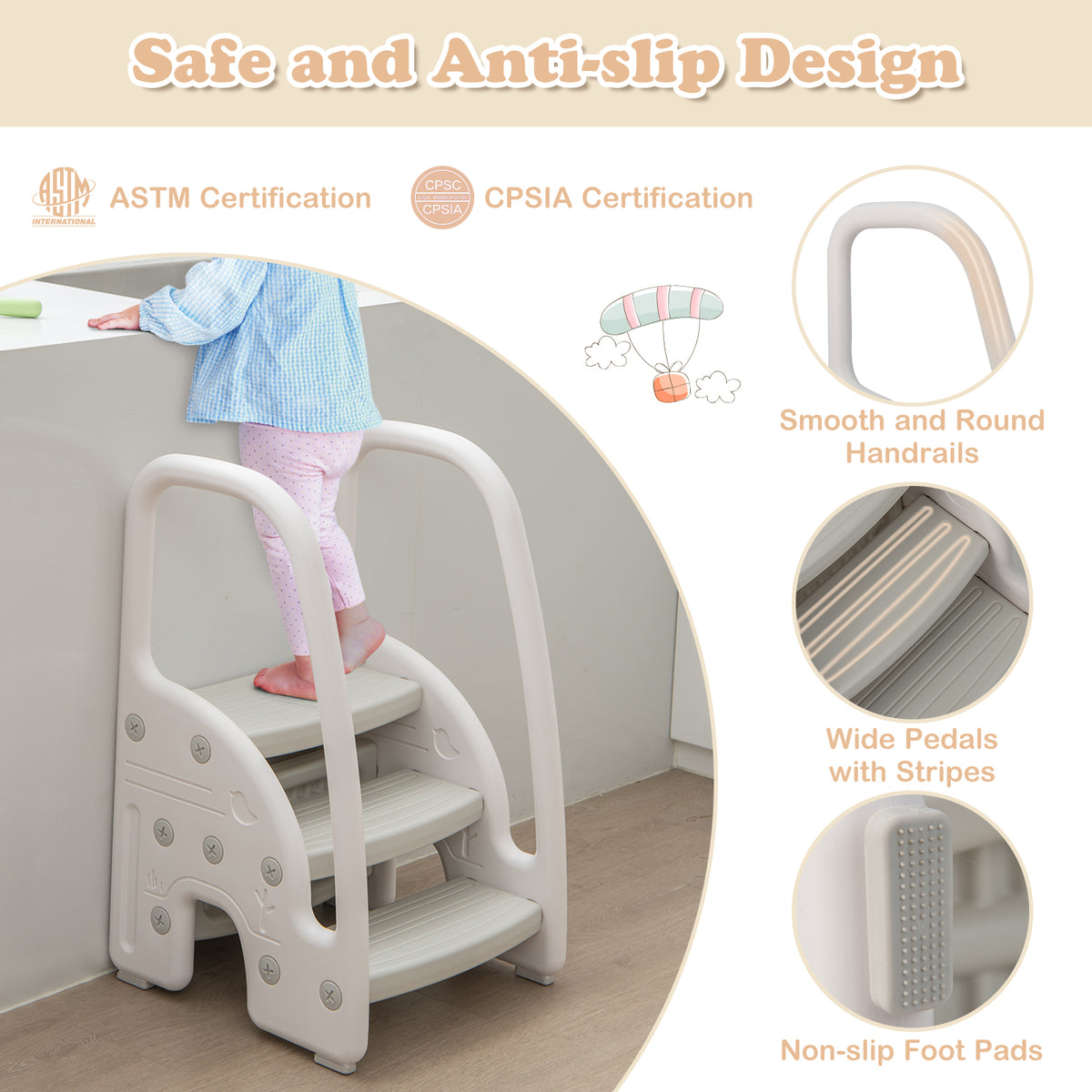 Gray 3-Step Stool with Safety Handles and Non-Slip Pedals for Toddlers