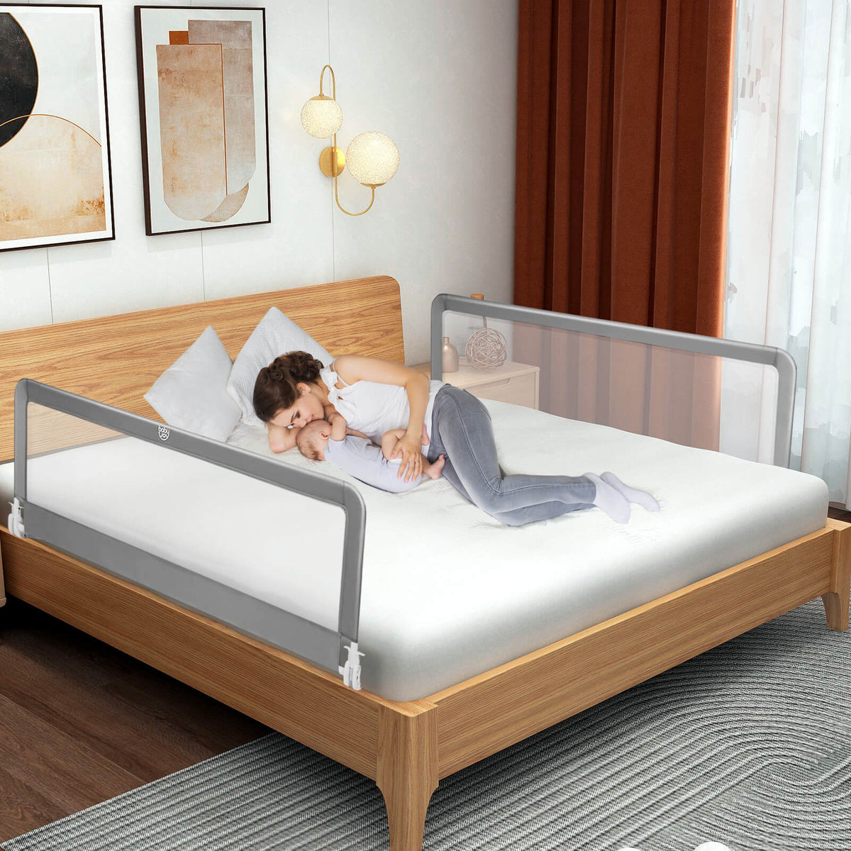 59 Inch Folding Baby Bed Rail Guard with Safety Strap - Gray, Breathable Mesh