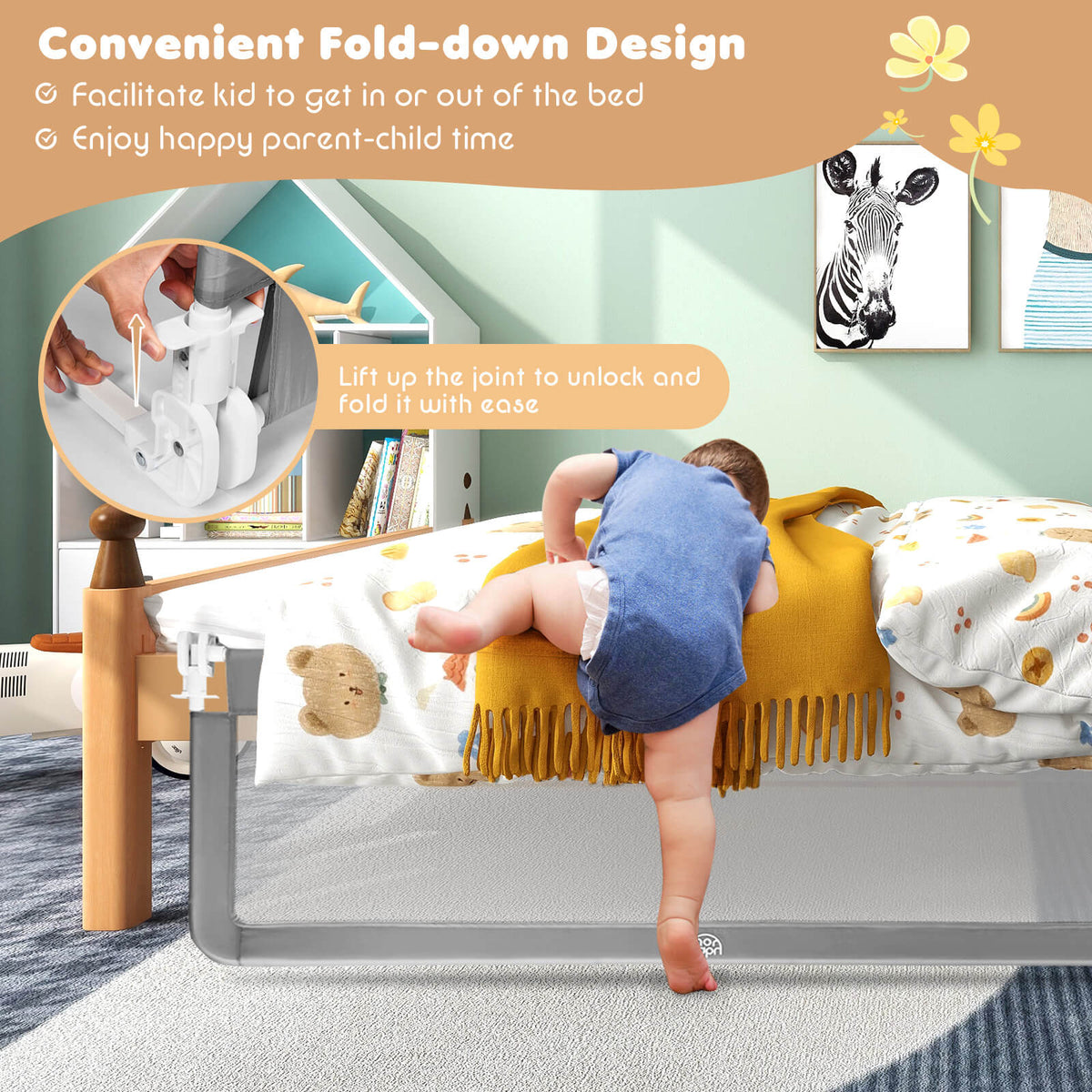 59 Inch Folding Baby Bed Rail Guard with Safety Strap - Gray, Breathable Mesh