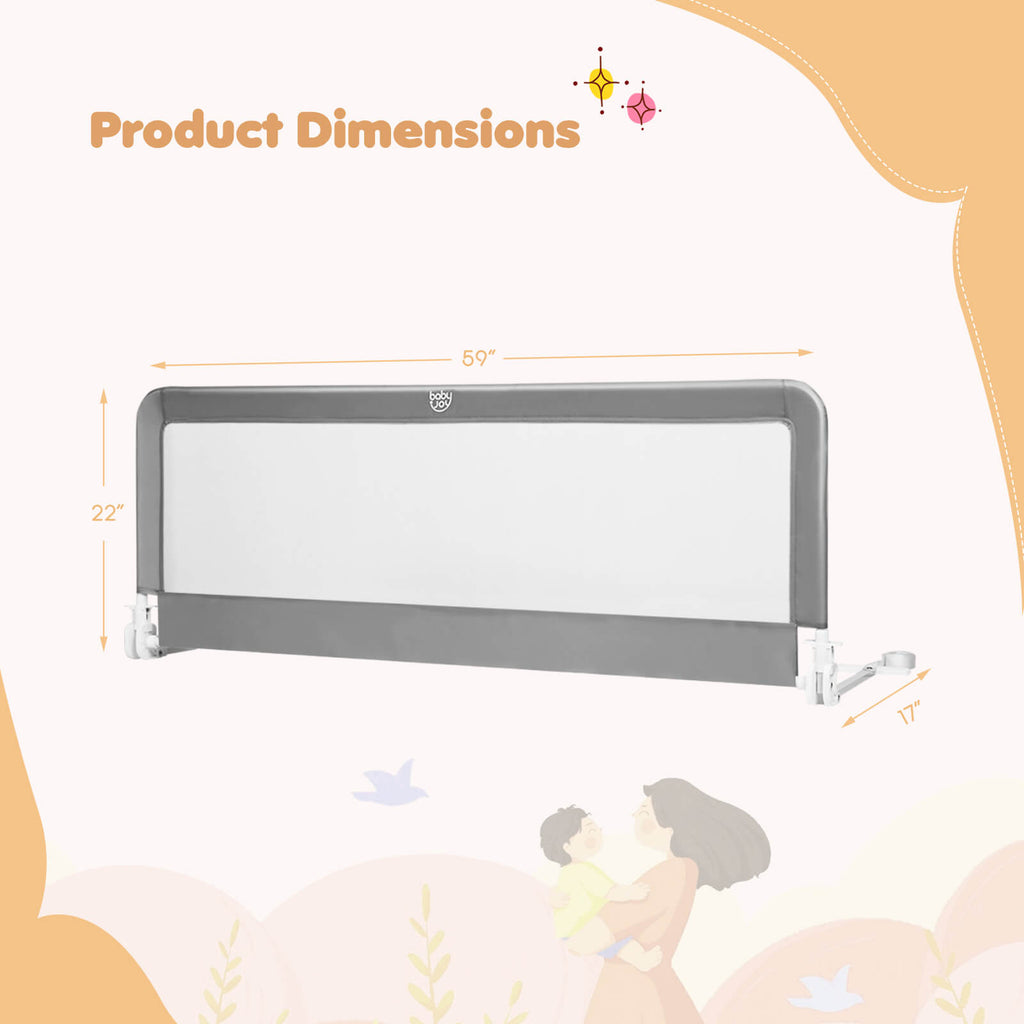 59 Inch Folding Baby Bed Rail Guard with Safety Strap - Gray, Breathable Mesh