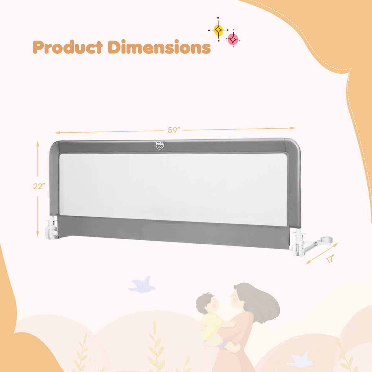 59 Inch Folding Baby Bed Rail Guard with Safety Strap - Gray, Breathable Mesh