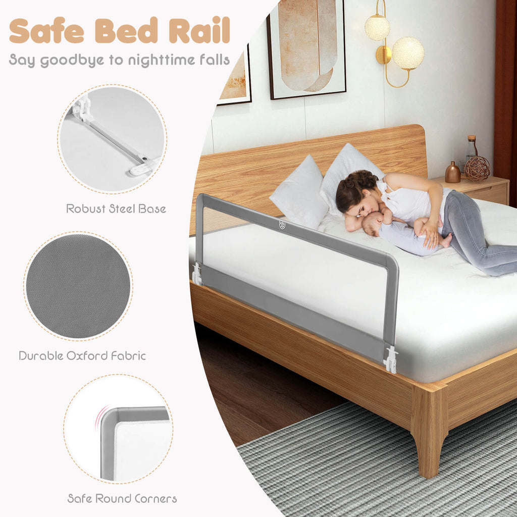 59 Inch Folding Baby Bed Rail Guard with Safety Strap - Gray, Breathable Mesh
