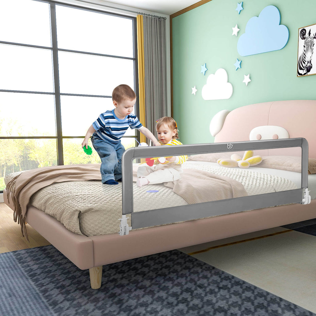 59 Inch Folding Baby Bed Rail Guard with Safety Strap - Gray, Breathable Mesh