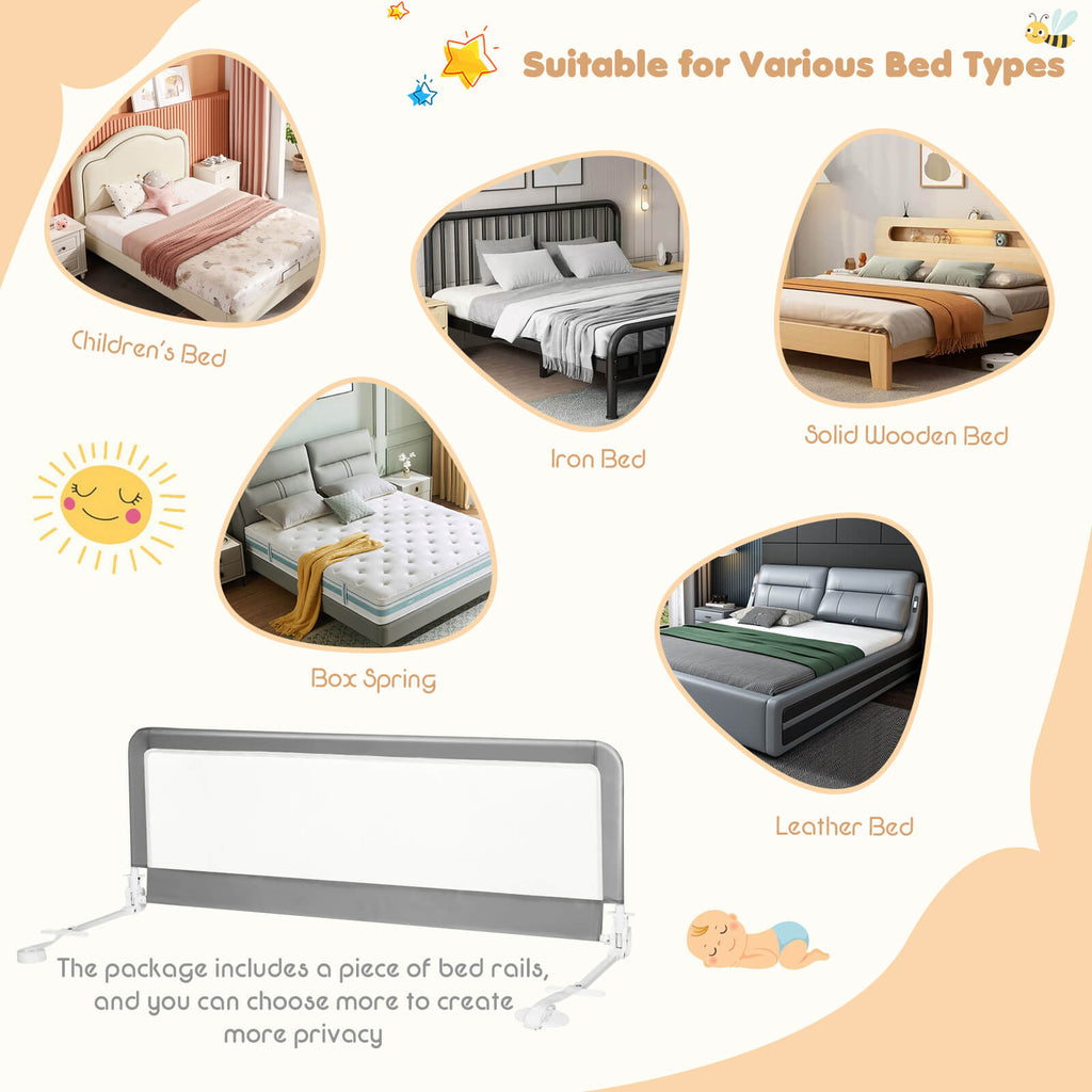 59 Inch Folding Baby Bed Rail Guard with Safety Strap - Gray, Breathable Mesh
