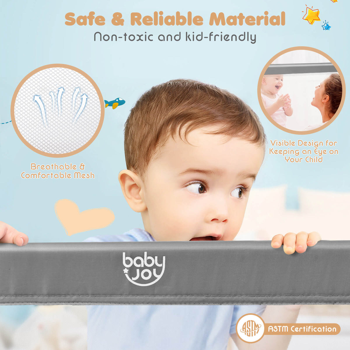 59 Inch Folding Baby Bed Rail Guard with Safety Strap - Gray, Breathable Mesh