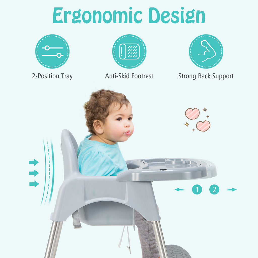 4-in-1 Convertible Baby High Chair with Removable Double Tray - Gray