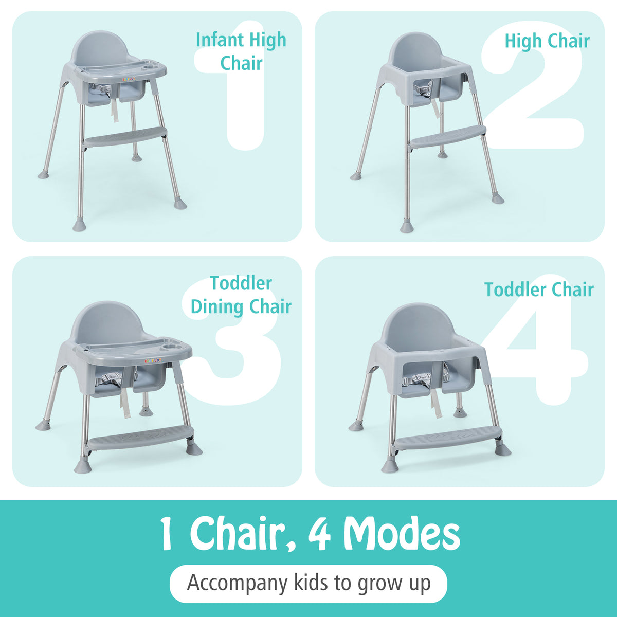 4-in-1 Convertible Baby High Chair with Removable Double Tray - Gray