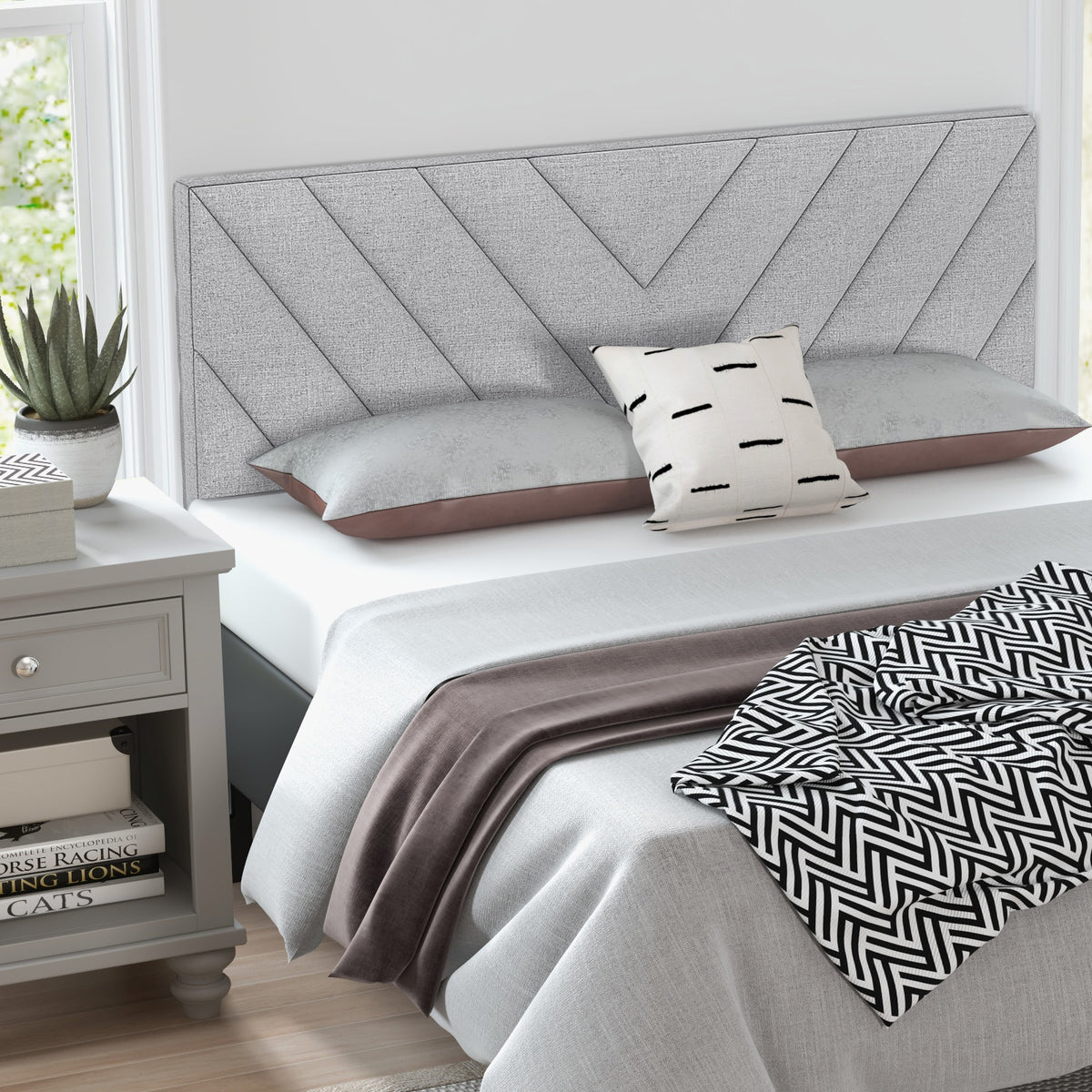 Linen Upholstered Headboard for Full & Queen Beds - Style C, Gray
