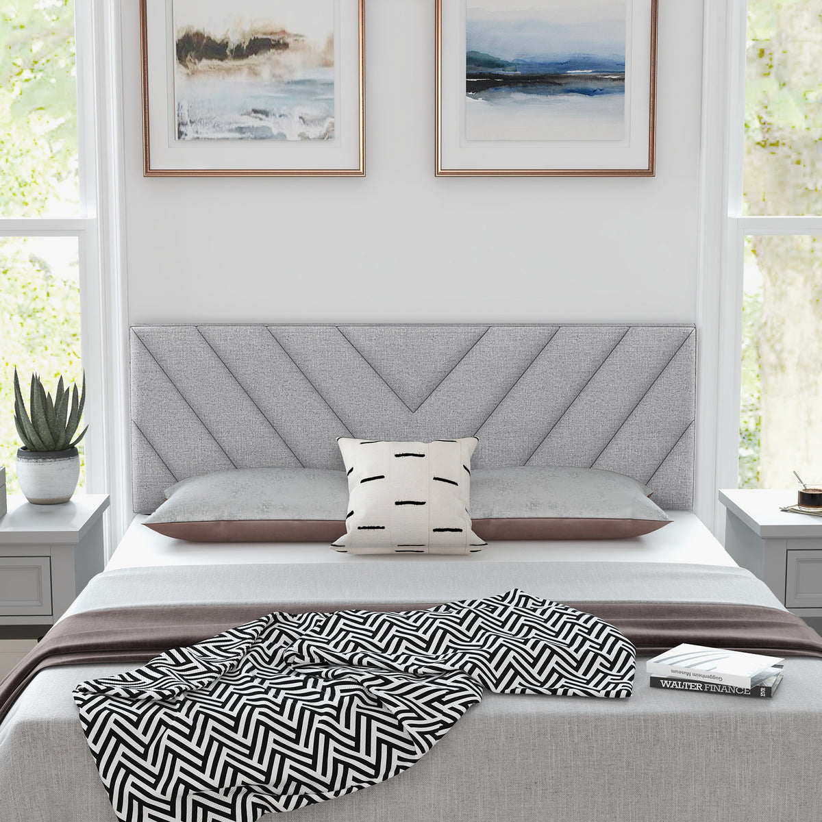 Linen Upholstered Headboard for Full & Queen Beds - Style C, Gray