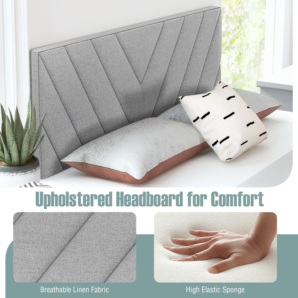 Linen Upholstered Headboard for Full & Queen Beds - Style C, Gray