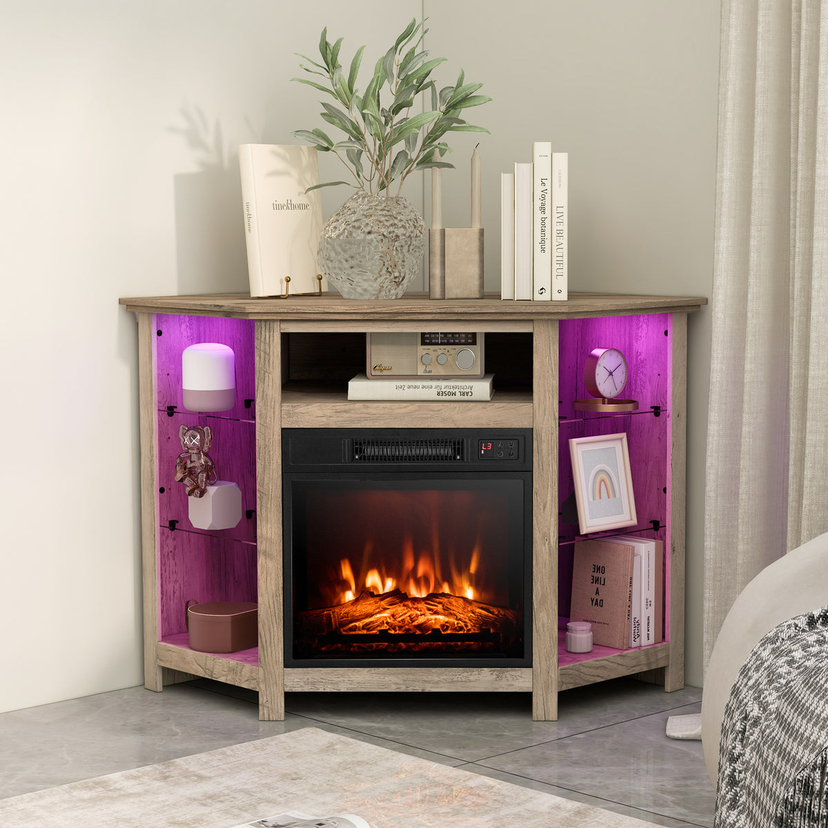 Fireplace Corner TV Stand for 50" TV with LED Lights and Smart Control - White