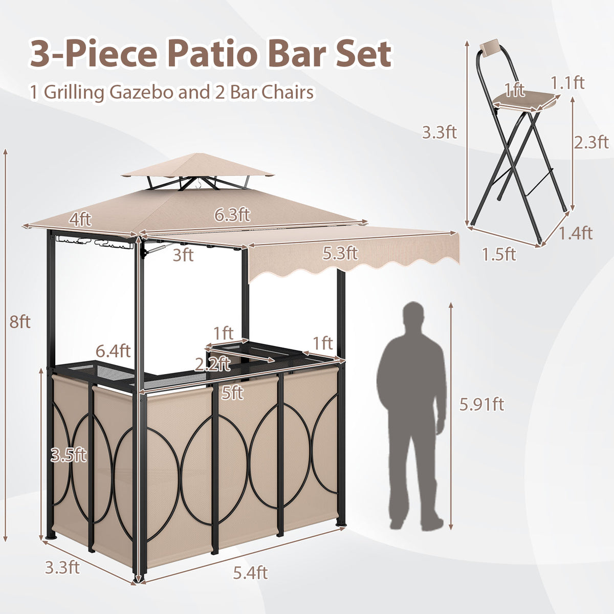 Grill Gazebo with Awning 3-Piece Outdoor BBQ Canopy Double-Tier Soft