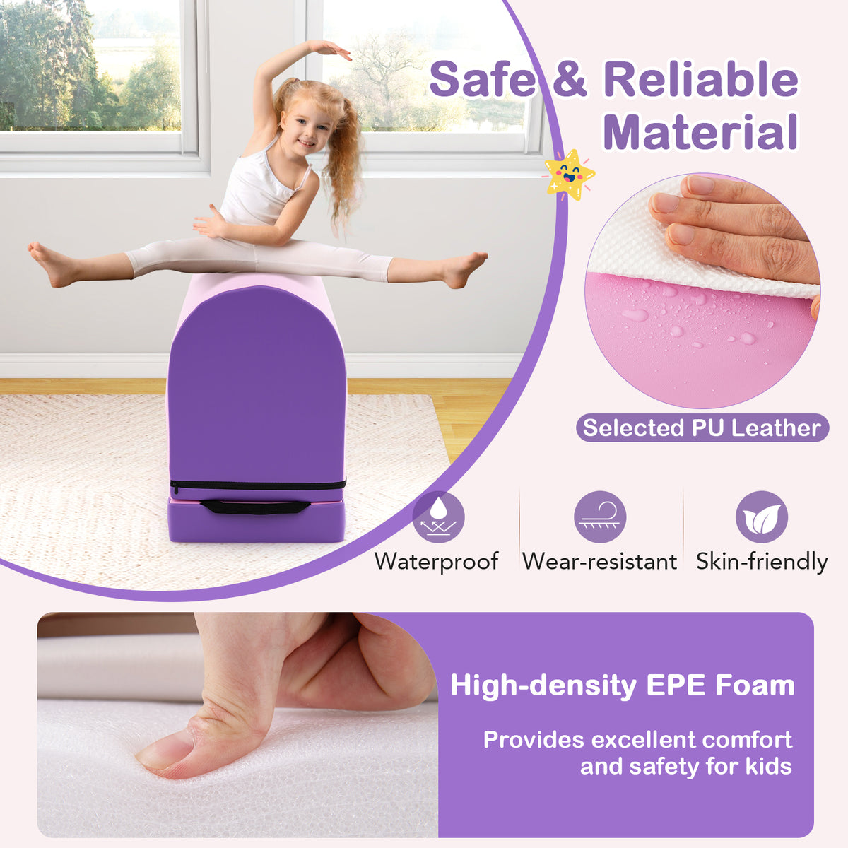 Kids Gymnastics Vaulting Box with Detachable Mat & Handle - Purple