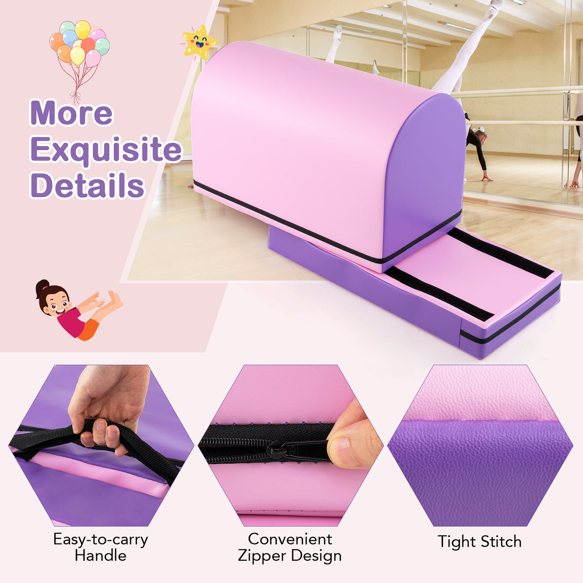 Kids Gymnastics Vaulting Box with Detachable Mat & Handle - Purple