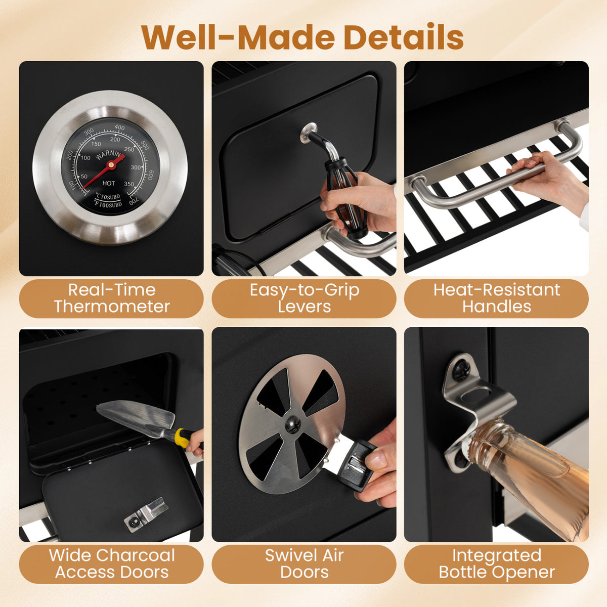 Large Charcoal Grill with Lifting Trays and Folding Tables Wheels