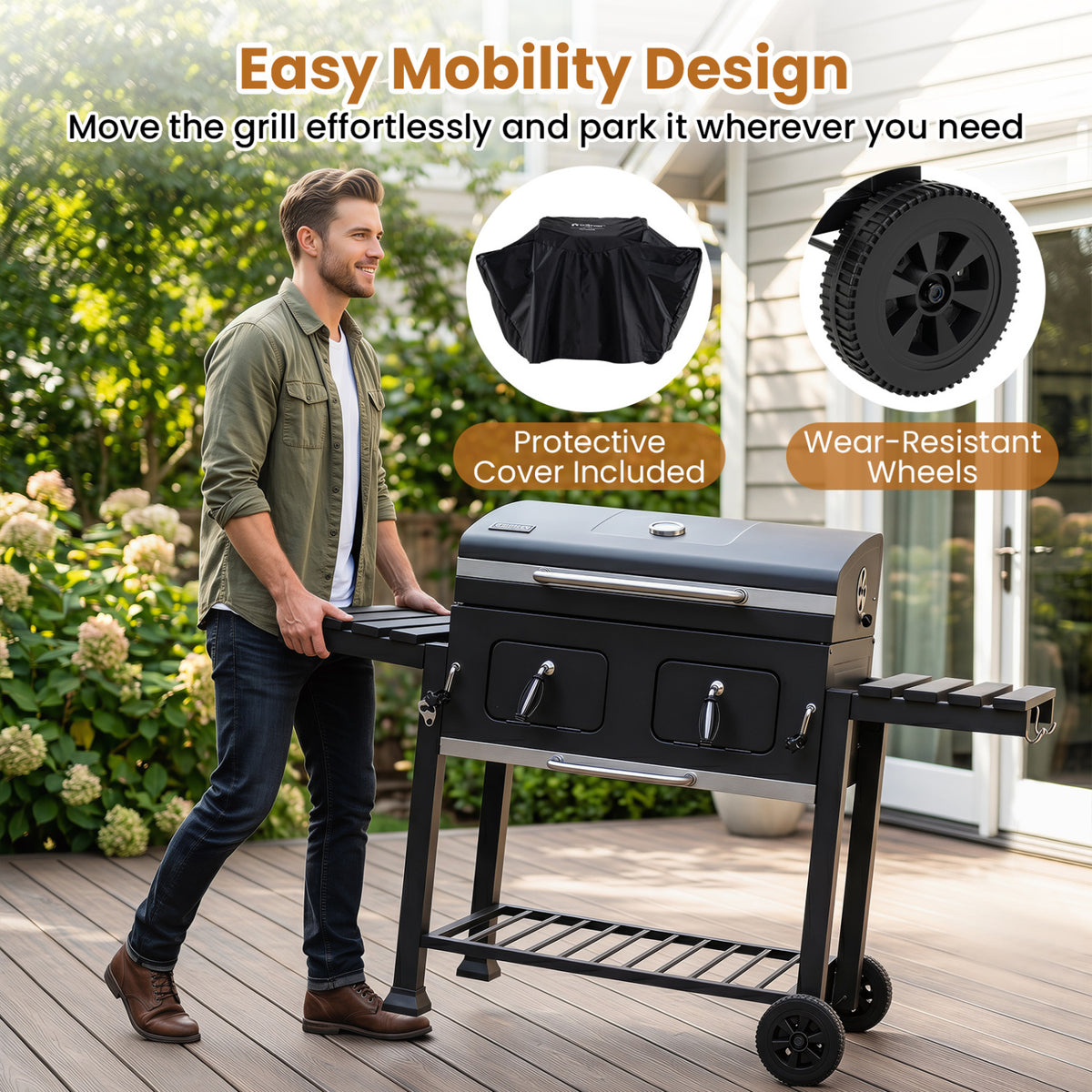 Large Charcoal Grill with Lifting Trays and Folding Tables Wheels