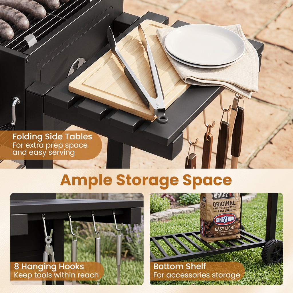Large Charcoal Grill with Lifting Trays and Folding Tables Wheels