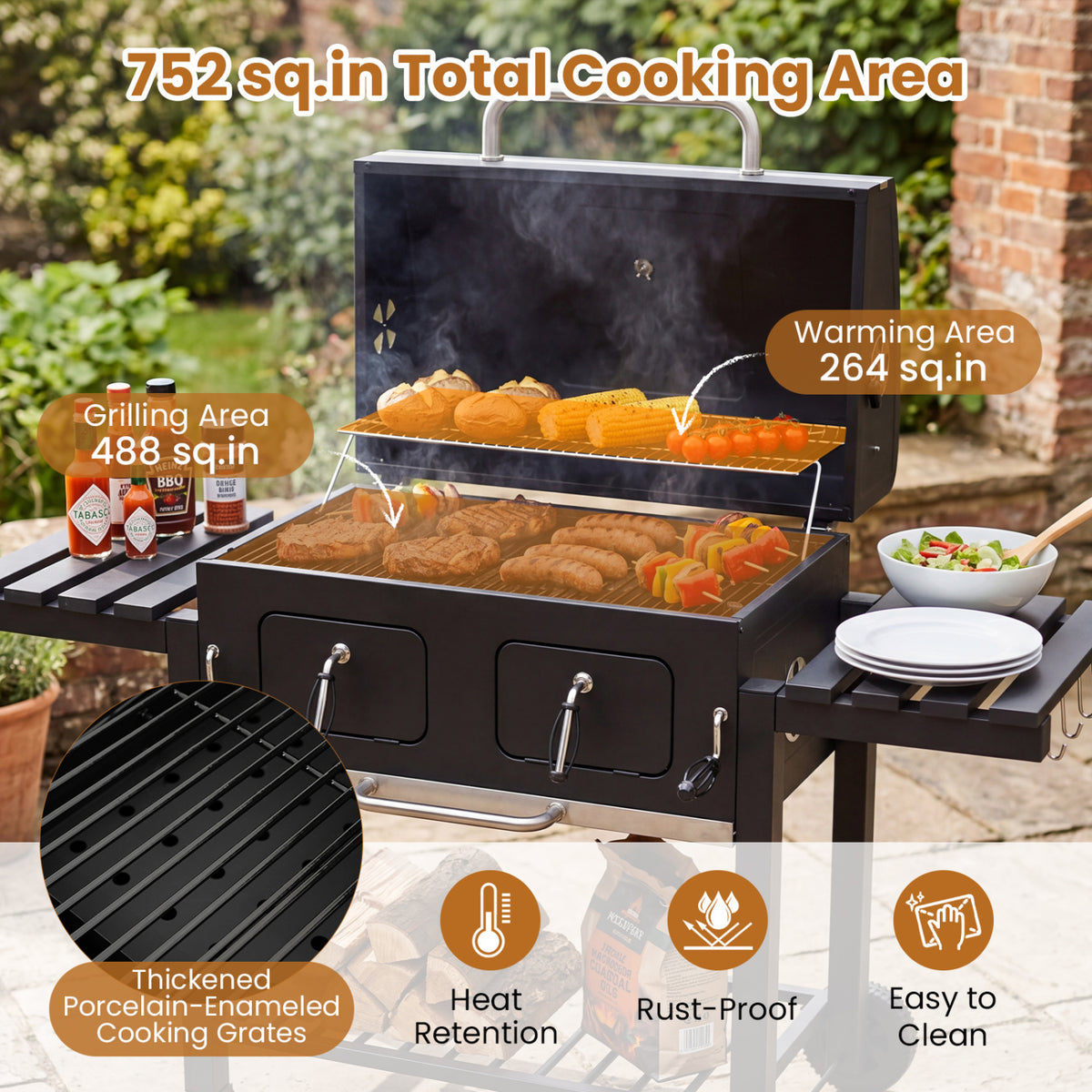 Large Charcoal Grill with Lifting Trays and Folding Tables Wheels