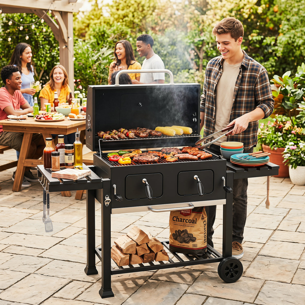 Large Charcoal Grill with Lifting Trays and Folding Tables Wheels