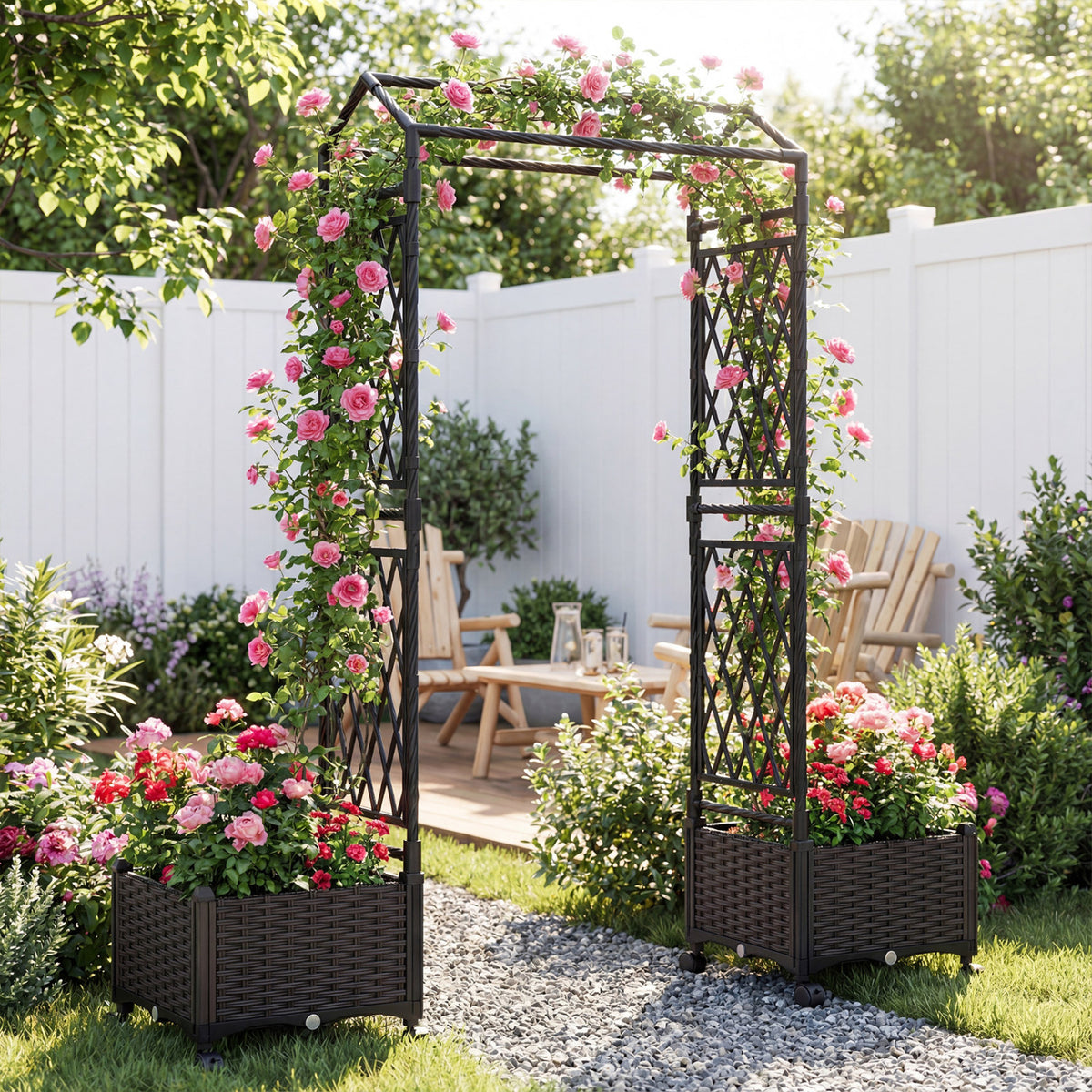Self-Watering Planter Box with Lattice Trellis & Roof - Brown, 5.5 FT