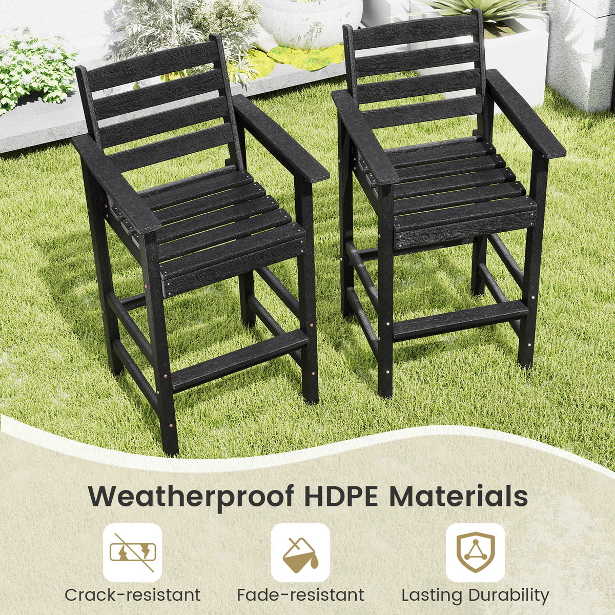 Patio HDPE Adirondack Bar Chairs Set of 2, Black