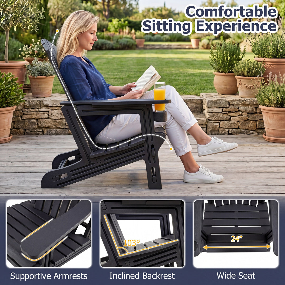 HDPE Adirondack Chair with Cup Holder and Wooden Texture for Patio