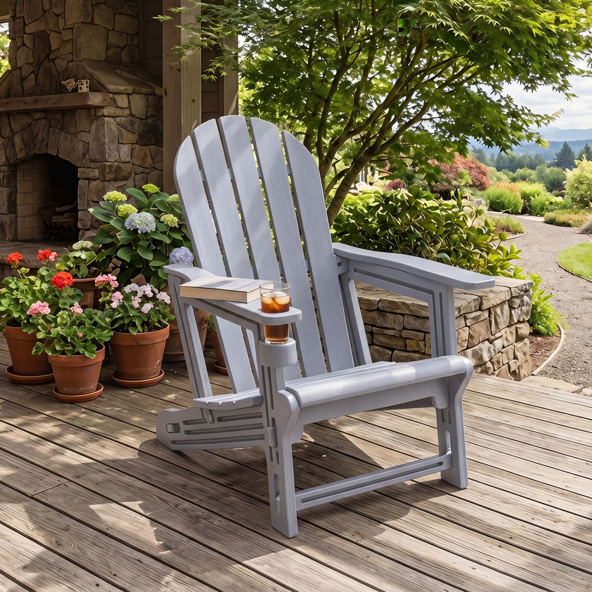 HDPE Adirondack Chair with Cup Holder and Wooden Texture for Patio